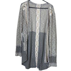 Miss Me Womens M Gray Lace Knit Open Cardigan Sweater Boho Crochet Trim